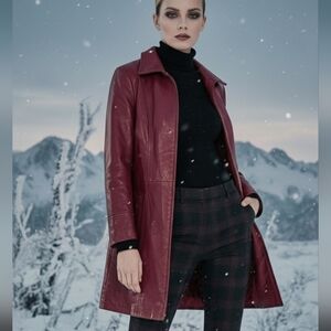 Danier Red Leather Coat Lined Winter Fall M Dark Red Burgundy Maroon Jacket